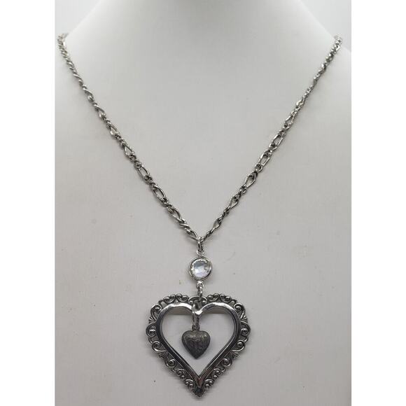 Vintage Puffy Heart Necklace Silver Filigree Ornate Openwork Swarovski Crystal - Picture 9 of 9